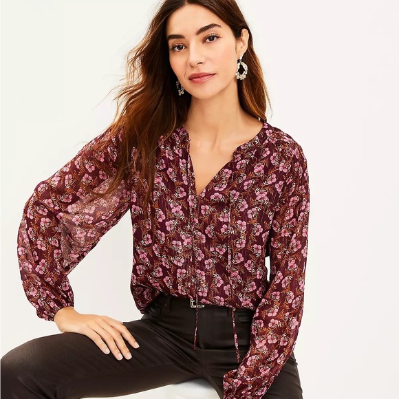 Shimmer Stripe Smocked Tie Neck Blouse - Picture 3 of 6